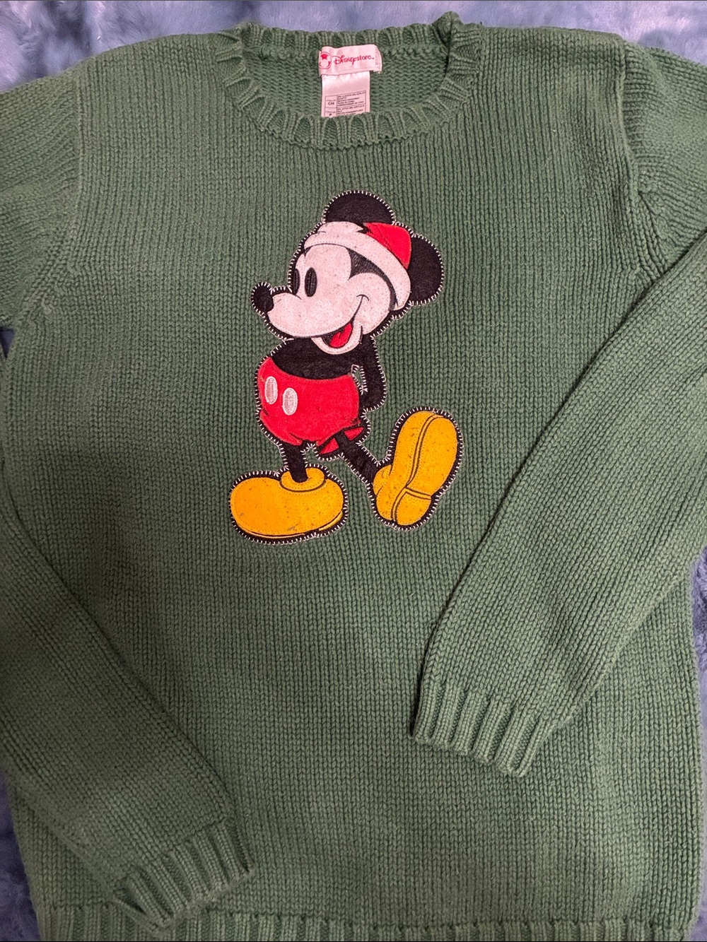 Vintage Disney Green Crewneck Sweater with Santa Mickey Patch